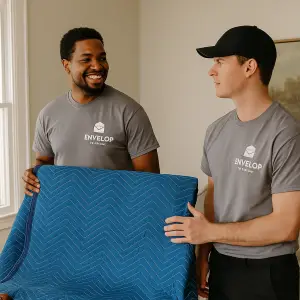 Movers preparing wrapped furniture for safe moving and transport.