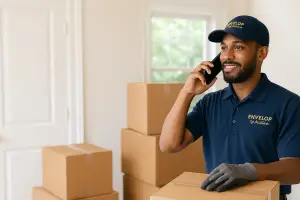 Professional mover on the phone preparing for scheduled move day.