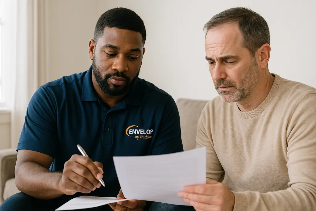 Envelop by McClain mover reviewing valuation and claims paperwork with a customer.