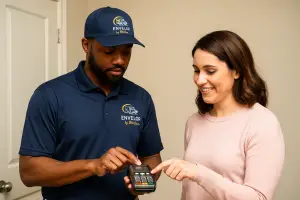 Envelop by McClain mover assisting a customer with payment processing after a moving service.