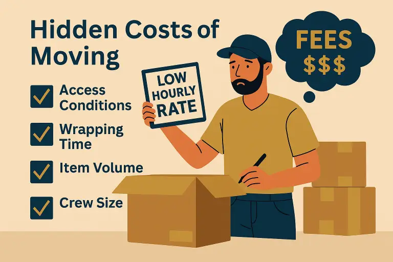 Infographic showing hidden costs of moving, including access conditions, wrapping time, item volume, and crew size, with a mover realizing that a low hourly rate can lead to unexpected fees.