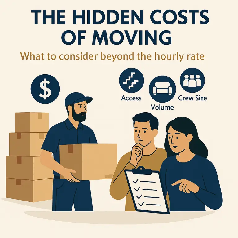 Illustration of movers explaining the hidden costs of moving—access challenges, item volume, and crew size—to customers reviewing a moving estimate.
